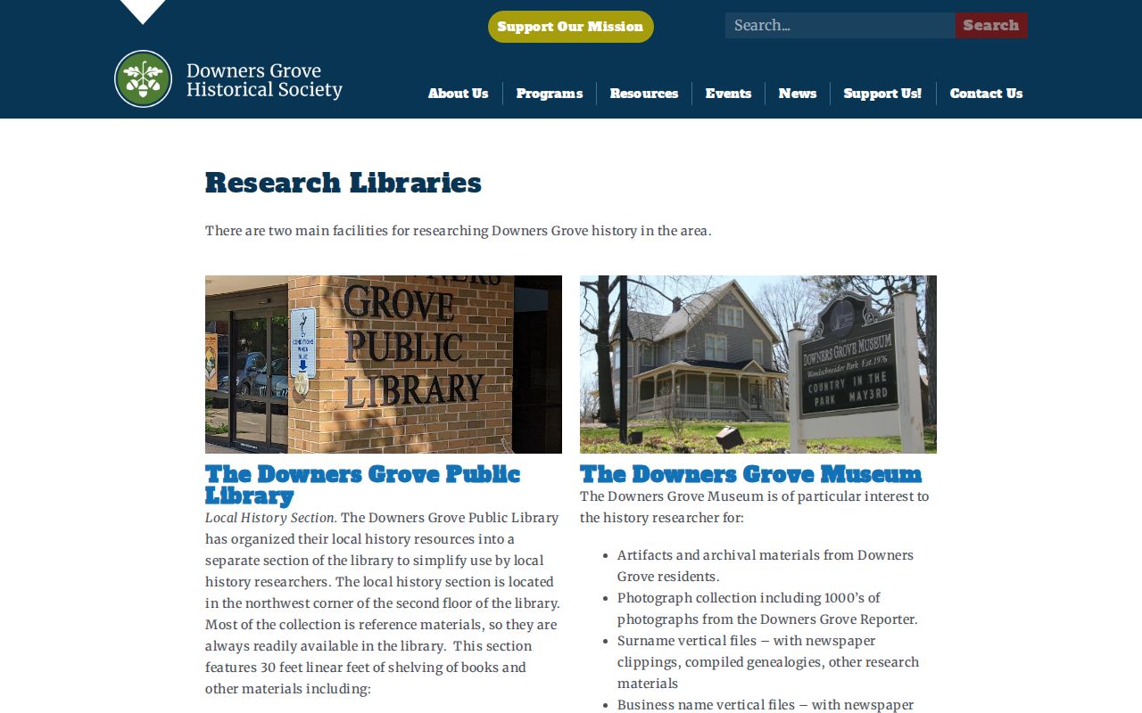 Downers Grove Historical Society research library holdings page