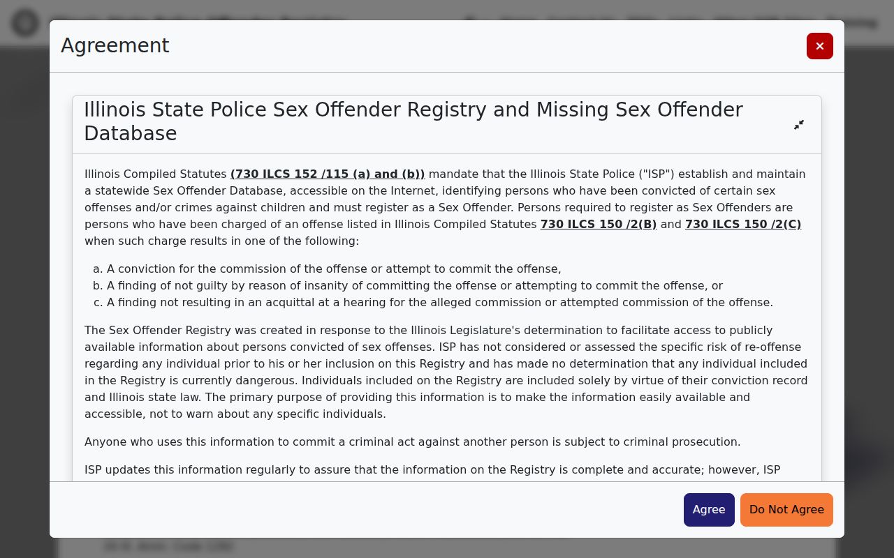 Illinois State Police official registered offender search page