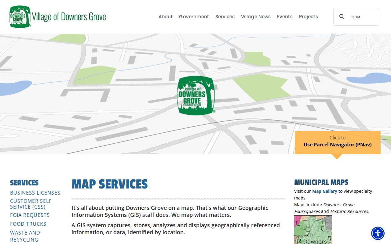 Downers Grove Village map service with street and Parcel Navigator resources