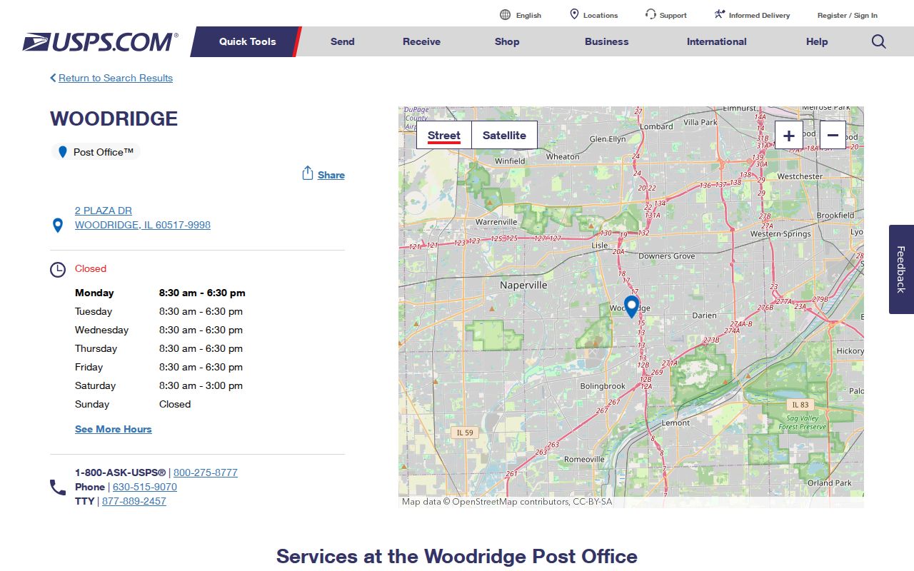 USPS Woodridge Post Office page associated with ZIP 60517