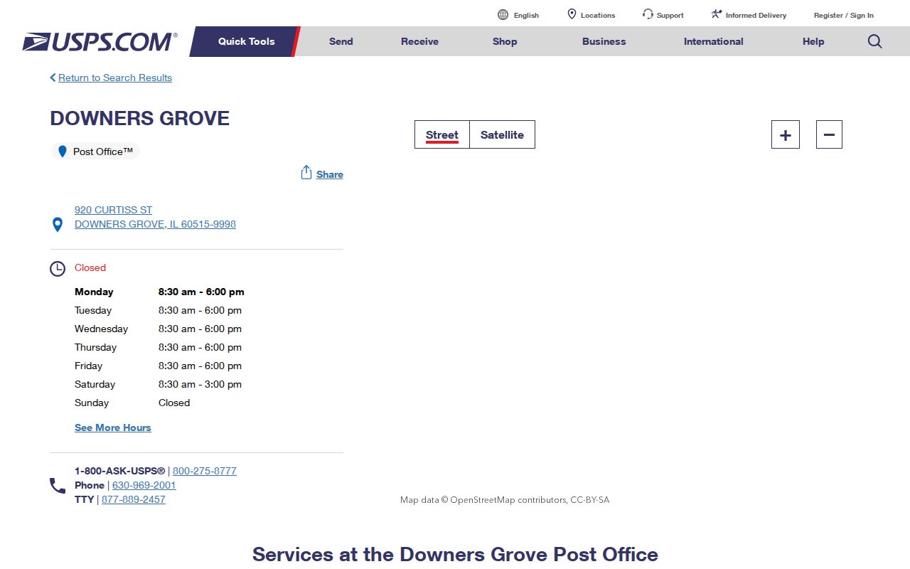 USPS Downers Grove Post Office page associated with ZIP 60515